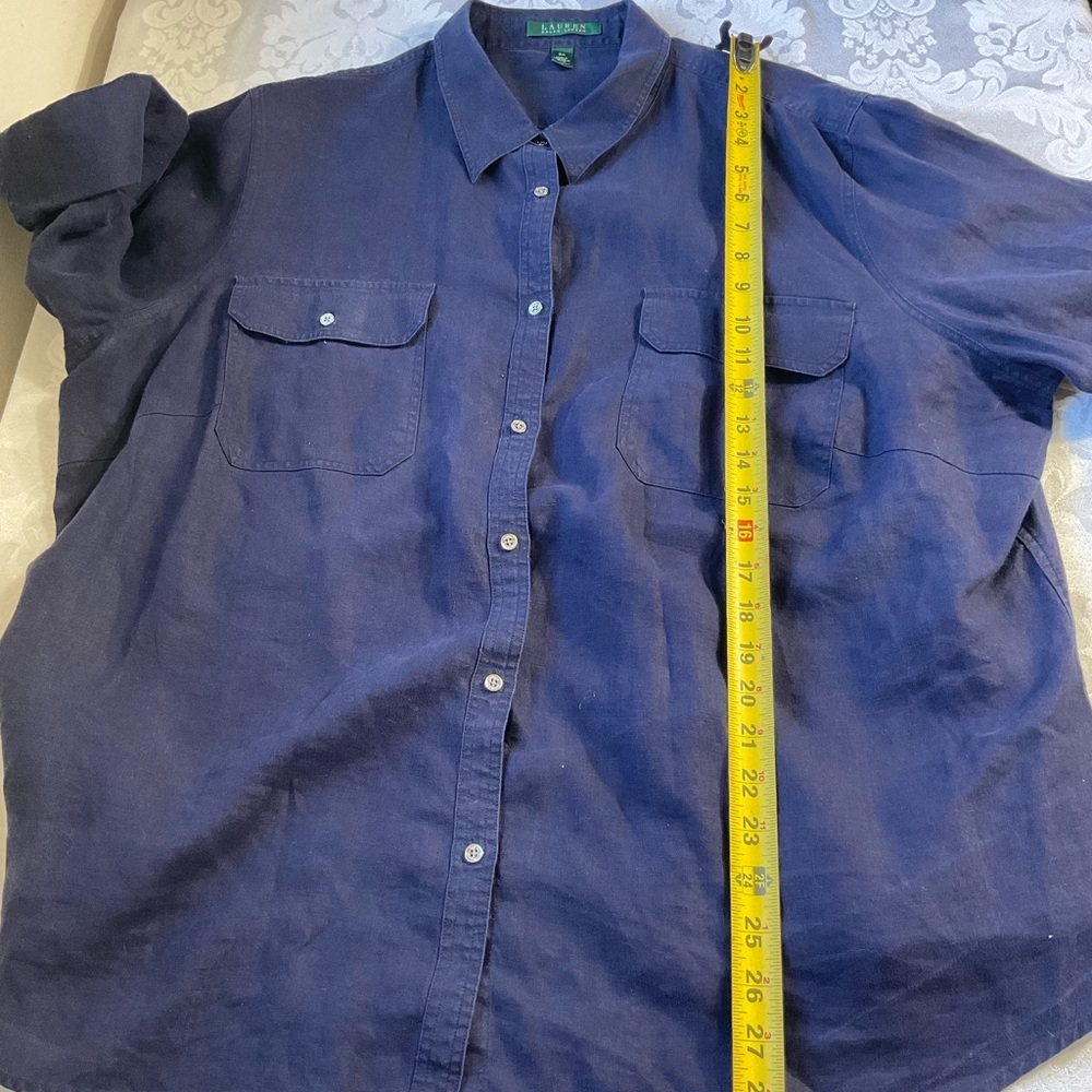Lauren Ralph Lauren Shirt Womens 3X Navy Linen Button Front Roll Tab Tunic Top - Picture 4 of 6
